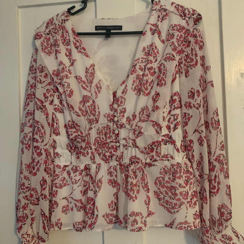White House Black Market cherry blossom printed blouse, cinched waist.